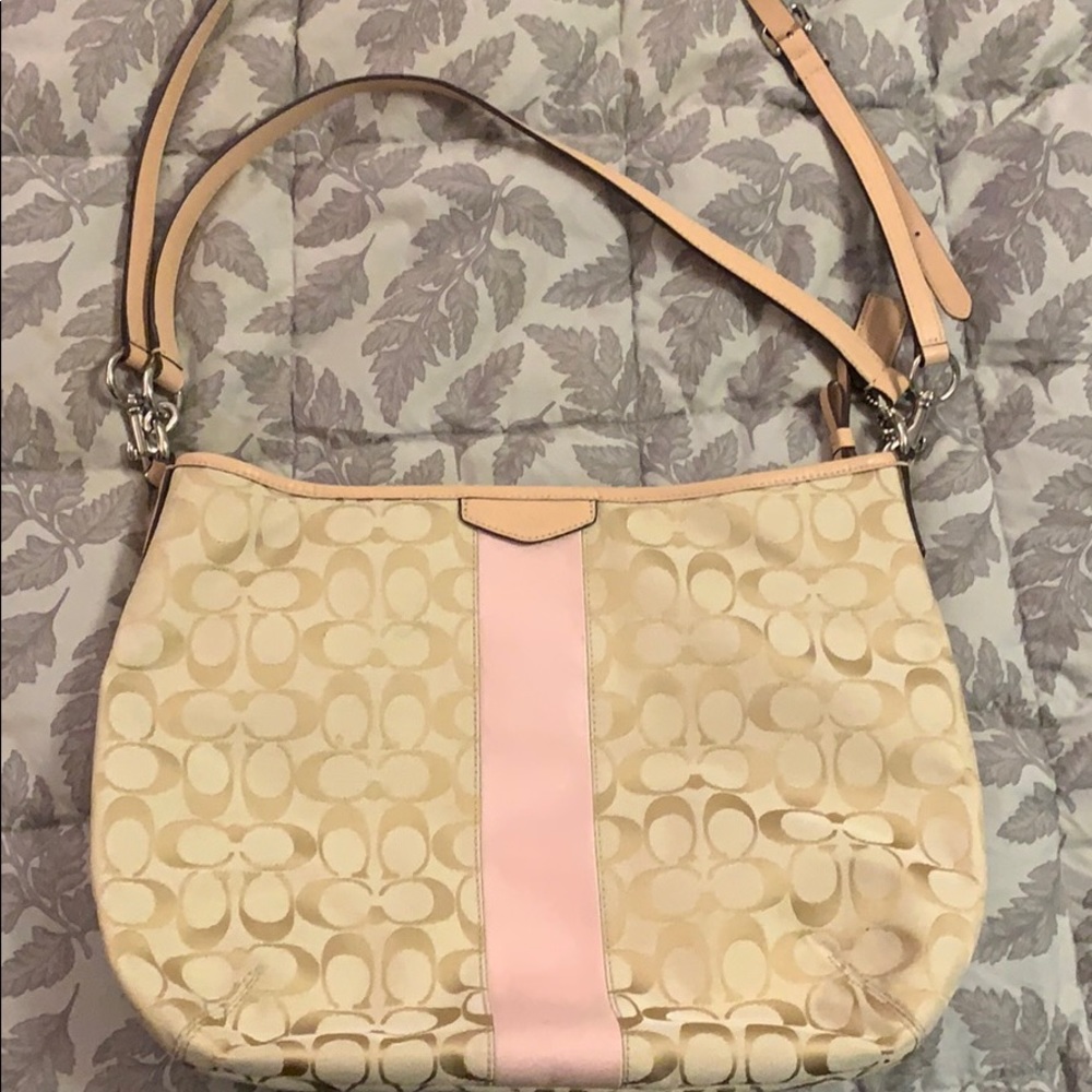 Coach large crossbody light tan and baby pink